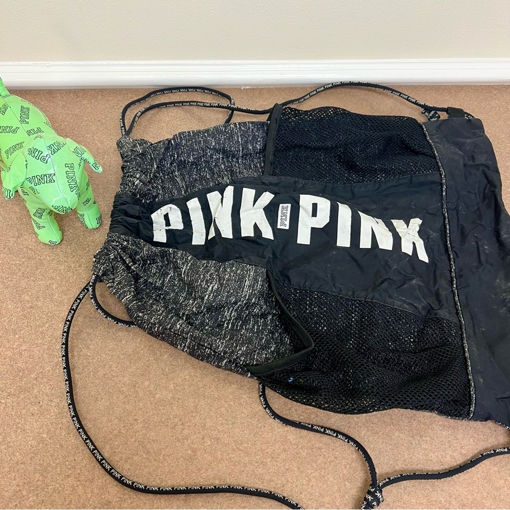 VS PINK Lot: Grey Marl/Black Drawstring Backpack Bag Tote Gym + Neon Green Dog